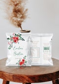 Red christmas flowers baptism chip bag template, chip bag wrappers label boy girl, party bag favors, snacks treat bags, baptism favors -C150
