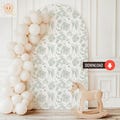 Sage Green Toile De Jouy Baby Shower Backdrop, Vintage Floral Toile Pattern Party Props, Printable Download, Elegant Classic Teddy Bear Prop