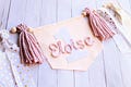 NEW! Custom Name Banner, Pink Yarn Tassel Banner, First Birthday Banner, Yarn Tassel First Birthday Banner, Embroidered Name, Add Name