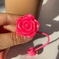 Cute Hot Pink Rose Flower Straw Topper,Hot Pink Glossy Rose Straw Cover for BarbieGirl,Water Tumbler Accessories Barbie Pink Straw Cover Cap