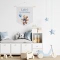 Personalized First Birthday Banner Blue Teddy Bear, Custom Name Blue Birthday Tapestry, Boy's Birthday Hanging Wall Banner Flag