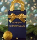 Personalized holiday gift bag, Custom Christmas gift bag, Navy and gold gift bag, Holiday gift bag with ribbon, Customizable holiday bag