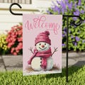 Pink Snowman Welcome Flag | Pink Christmas Garden Flag | Holiday Season Garden Flag | Welcome Flag | Lawn Flag | Yard Flag | 12" x 18"
