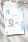 Blue Fourth Birthday Invite Cute Baby Elephant Balloons Cake Cute Invitation Digital Template Editable Creative Dusty Blue Baby Elephant
