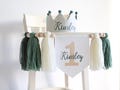 Winter Wonderland Name 1st Birthday High Chair Banner with Yarn Tassels, Winter ONEderland personalized decor, Cake Smash Party Decor