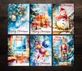 Set of 6 Printable Christmas Cards With Watercolor Illustrations, 5x7 Greetings Cards, Digital Download Christmas Wishes,  christmas png.