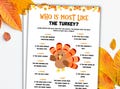 Who Is Most Like A Turkey Game Printable Thanksgiving Game Thanksgiving Party Game Friendsgiving Game Turkey Game Most Like The Turkey Game