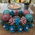 Handmade Christmas Centerpiece Blue and Pink Pine cones and Ornaments