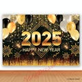 Happy New Year Photo Backdrop 2025 New Year Party Christmas Party Gold and Black Photography Background Polyester Vinyl Photo Studio Banner