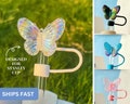 Butterfly Straw Topper Cute Laser Butterfly Tumbler Accessory Stanley Straw Cap Reusable Drink Cover Custom Gift for Her Pink & Blue Options