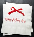 Red Bow Birthday Christmas December Birthday Happy Birthday Oh What Fun Personalized Cocktail, Luncheon or Dinner Napkins Set of 25