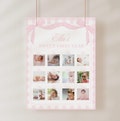 Pink Bow Girls First Birthday Photo Milestone Board Template, Preppy Pink Gingham Party Theme, 12 Month Photo Collage Sign, Editable Poster