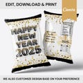 2025 Editable chip bag template Happy New Year chip bag template Party favor candy treat bag label Canva editable template Happy New year
